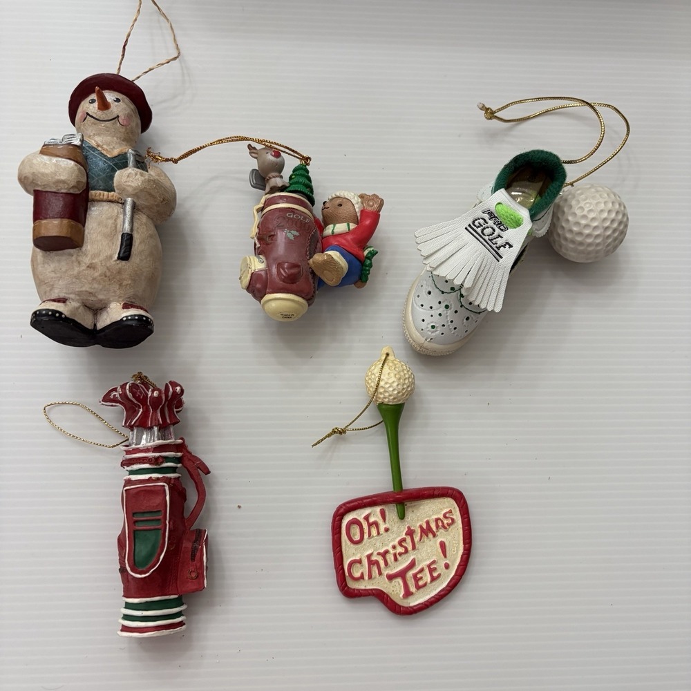 Lot Of 5 Vintage Golf Christmas Tree Ornaments Santa Snowman Golf Bag Holiday